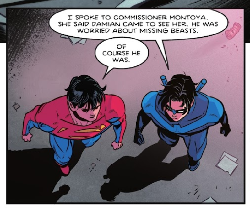 januariat108's tweet photo. this issue (nightwing 2016 110) gave us everything. jon dropping his responsibilities and immediately (and literally) wading his way into gotham for damian. god i will NEVER get tired of supers immediately getting Serious TM when the bats are in trouble https://t.co/nZ259OTYSy