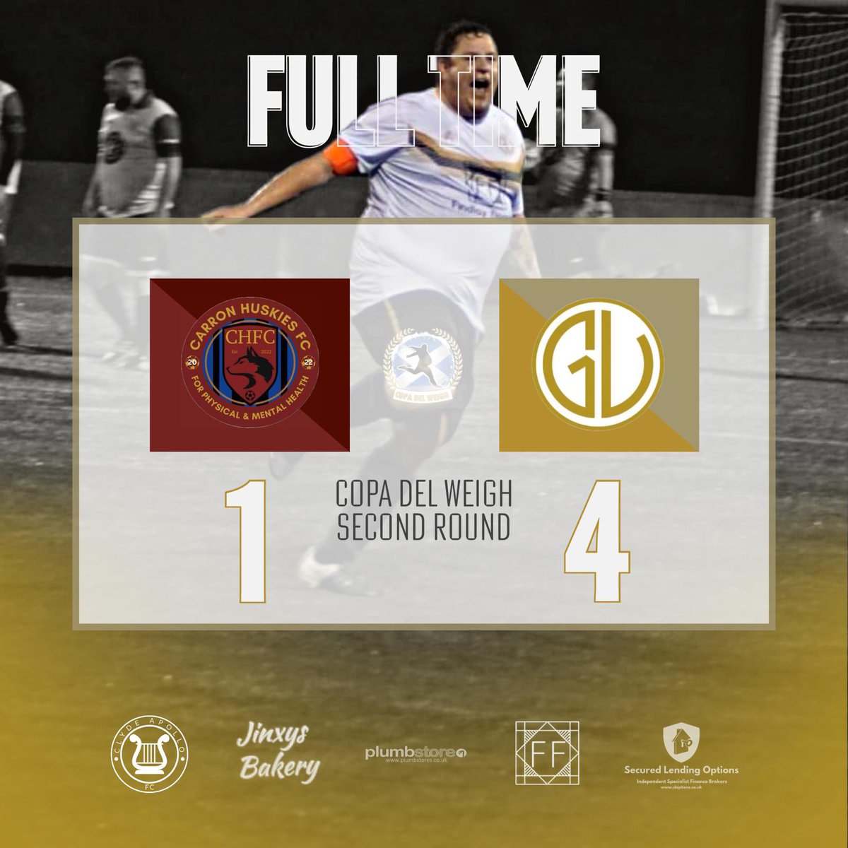 Full time in Grangemouth and we're through to the 3rd round! A hard fought battle against premiership opposition Carron Huskies Football Club in some dreadful weather conditions seen the boys come out on top.

Dinnis⚽️⚽️ A.Wallace⚽️ A.Howard⚽️
💛