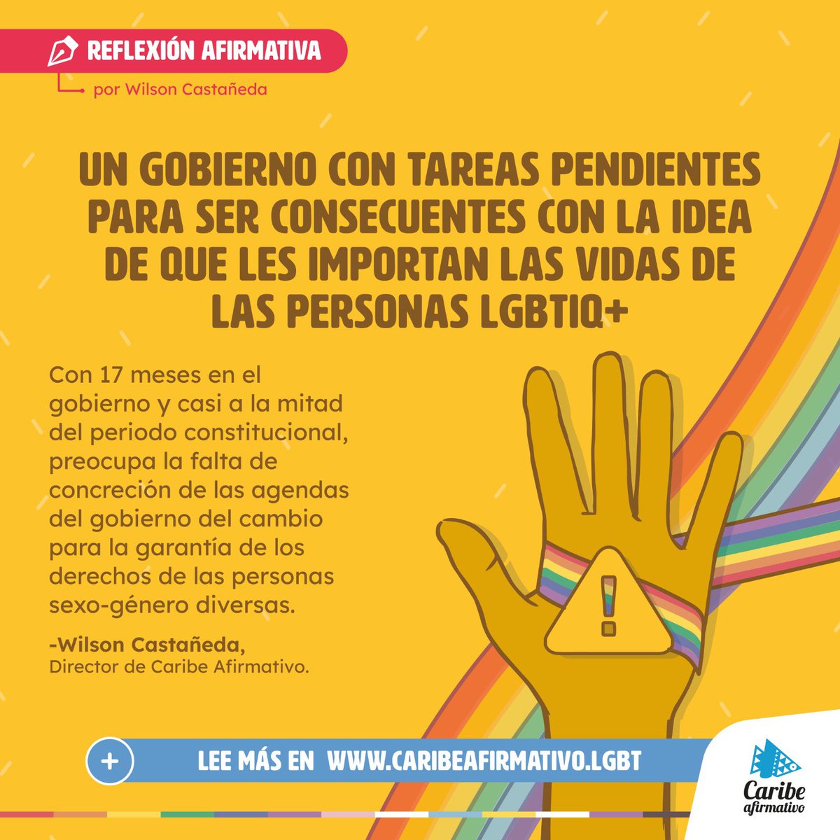 Caribeafirmativ's tweet photo. ✍🏽🏳️‍🌈En la primera reflexión afirmativa del año, nuestro director, @WillCastanedaC, expuso las tareas pendientes del Gobierno de Colombia para ser consecuentes con sus iniciativas de trabajar por dignificar las vidas de las personas #LGBTIQ+. 

🔗 https://t.co/MOv3ToRlPA https://t.co/6rGwLnYcxi