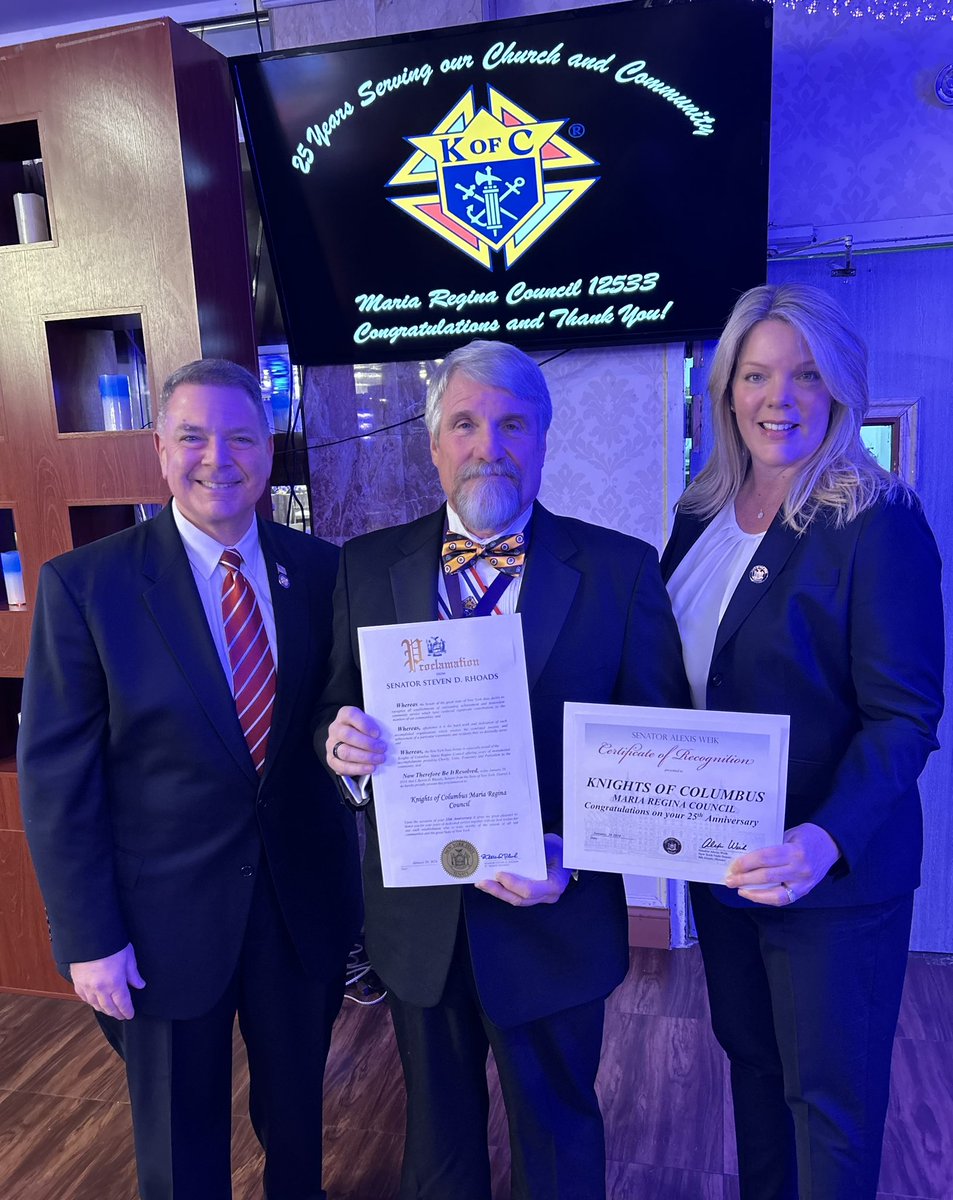 SenatorRhoads's tweet image. Celebrated the 25th anniversary of the Knights of Columbus Maria Regina Council 12533 last night at The Sterling Caterers in Bethpage. Thank you to all the members, past and present, for your service to the community and your church! #knightsofcolumbus