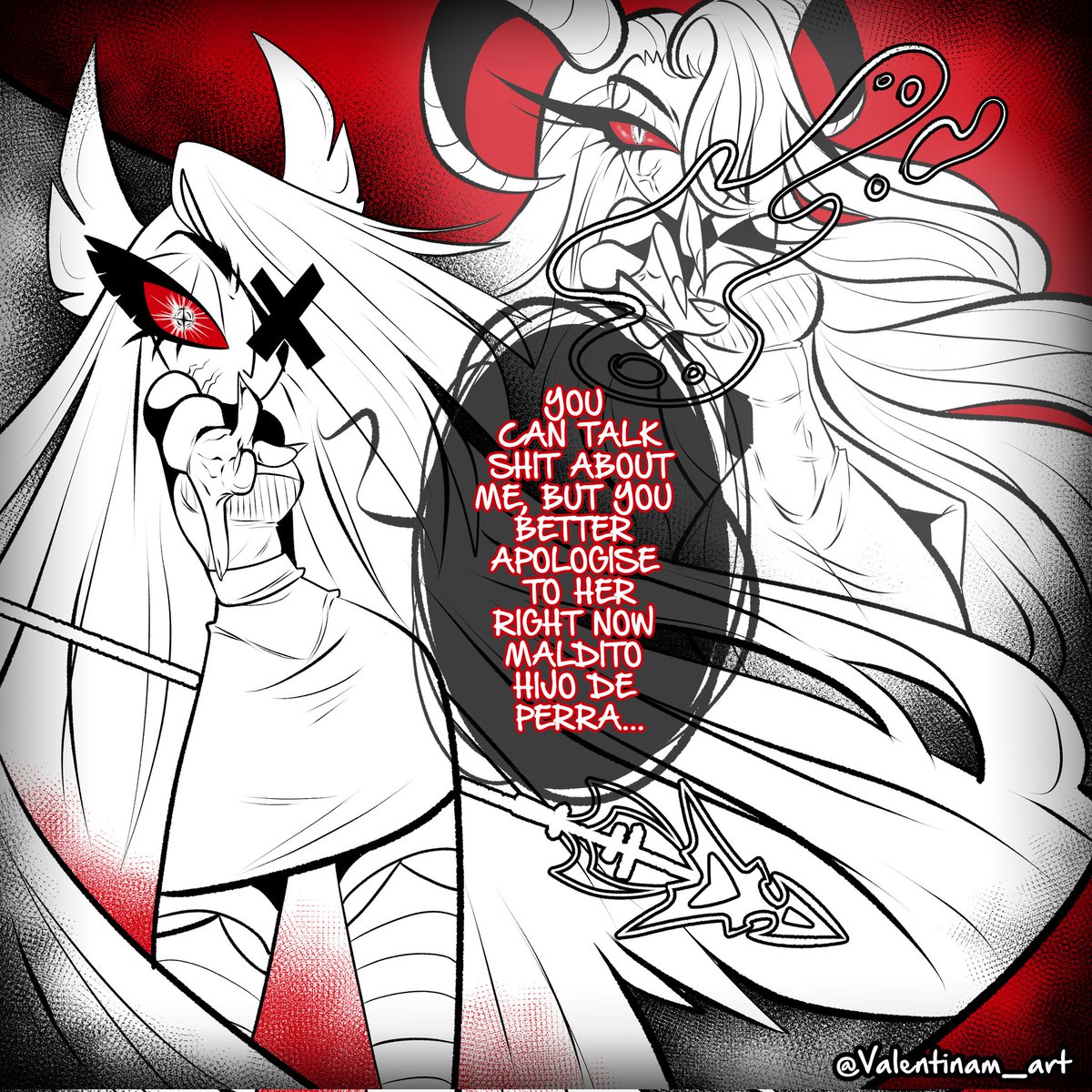 ValentinaM_Art's tweet photo. "Lucifer meets Vaggie."🍎🎀
I would love to see this on the show, but I know I'm just delulu 🫠 

#hazbinhotel #HazbinHotelFanart #HazbinHotelLucifer #Hazbinhotelchaggie #HazbinHotelCharlie #hazbinhotelvaggie https://t.co/HmTUWsDptZ