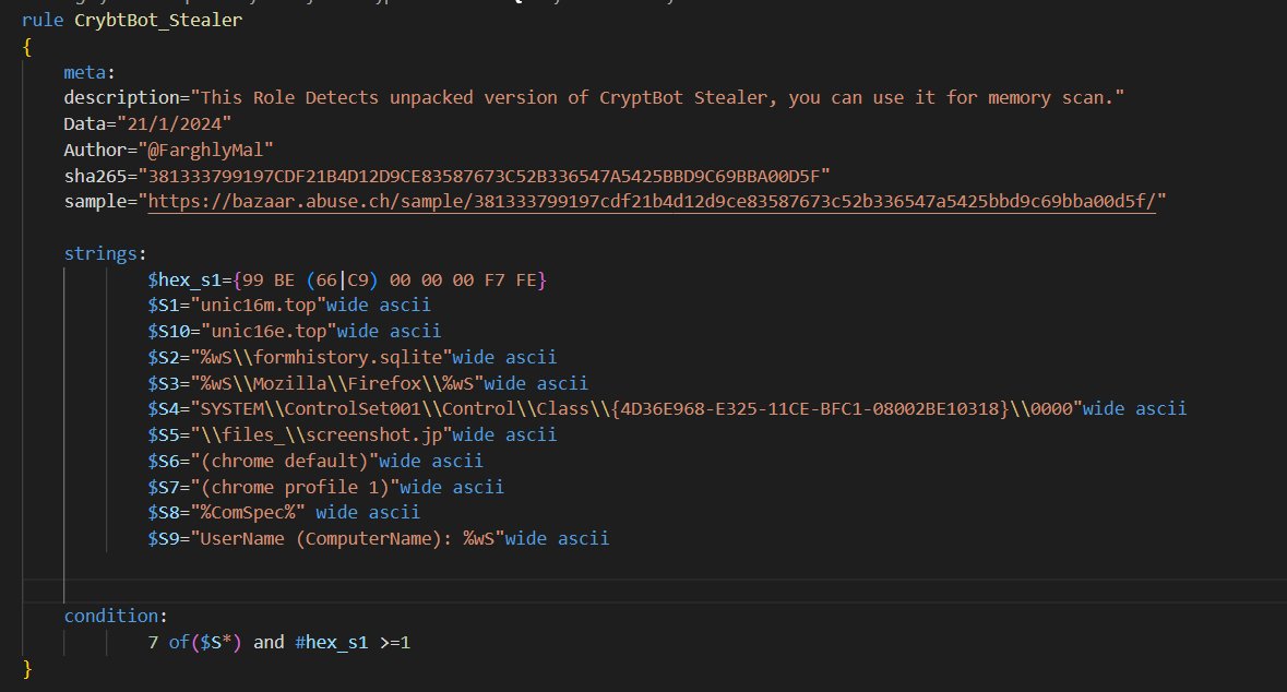 #100DaysofYARA Day21:

this rule detects  the unpacked version of #CryptBot Stealer 

rule -> github.com/FarghlyMal/Yar…