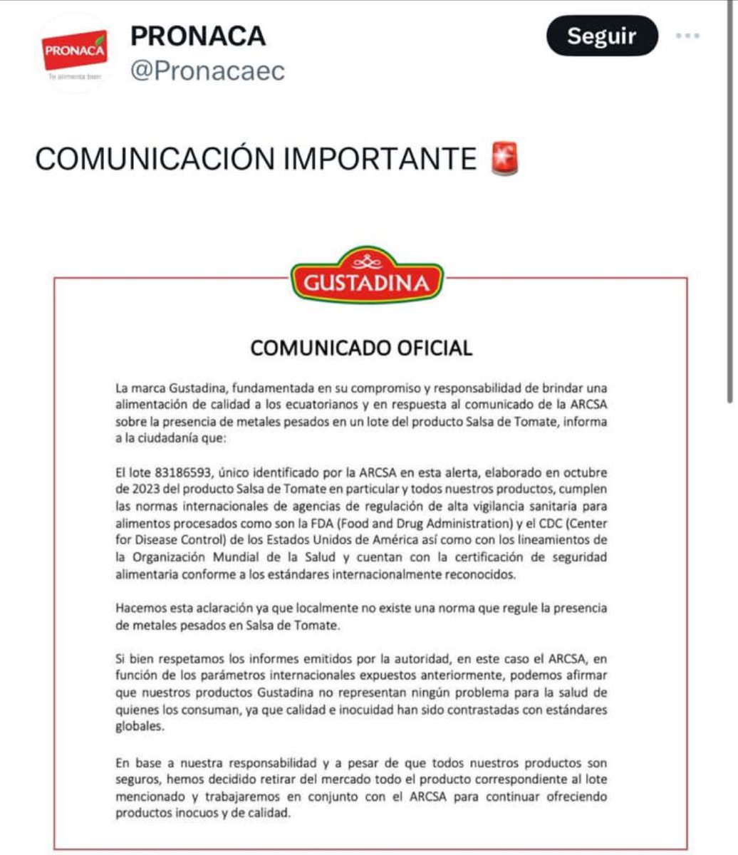 NOTICIA IMPORTANTE ‼️
#LARUTADELACANELA

 La @ARCSA publicó una nueva marca de producto de consumo masivo contaminado con plomo. Se trata de la salsa de tomate GUSTADINA, fabricada por Pronaca. 

Importante saber esto:  !este producto se contaminó con canela vendida en el inicio