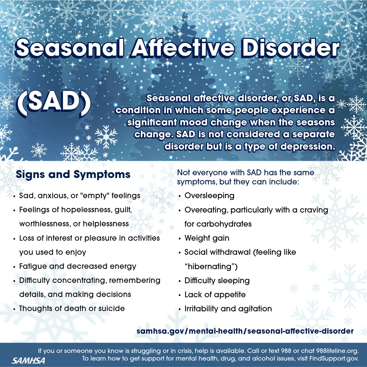 Oversleeping and social withdrawal (feeling like “hibernating”) are some of the symptoms of seasonal affective disorder (SAD). Learn more about SAD and how to get help: samhsa.gov/mental-health/…