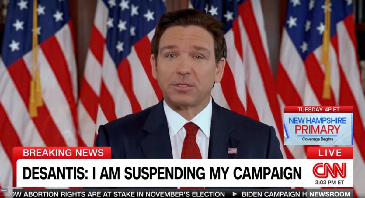 Media: Having canceled his Sunday morning news show appearances, #Florida @GovRonDeSantis announces he's suspending his campaign for the #Republican nomination, saying that he'll endorse the @GOP nominee, whom he assumes will be #Trump: 'We can't go back to the old Republican…