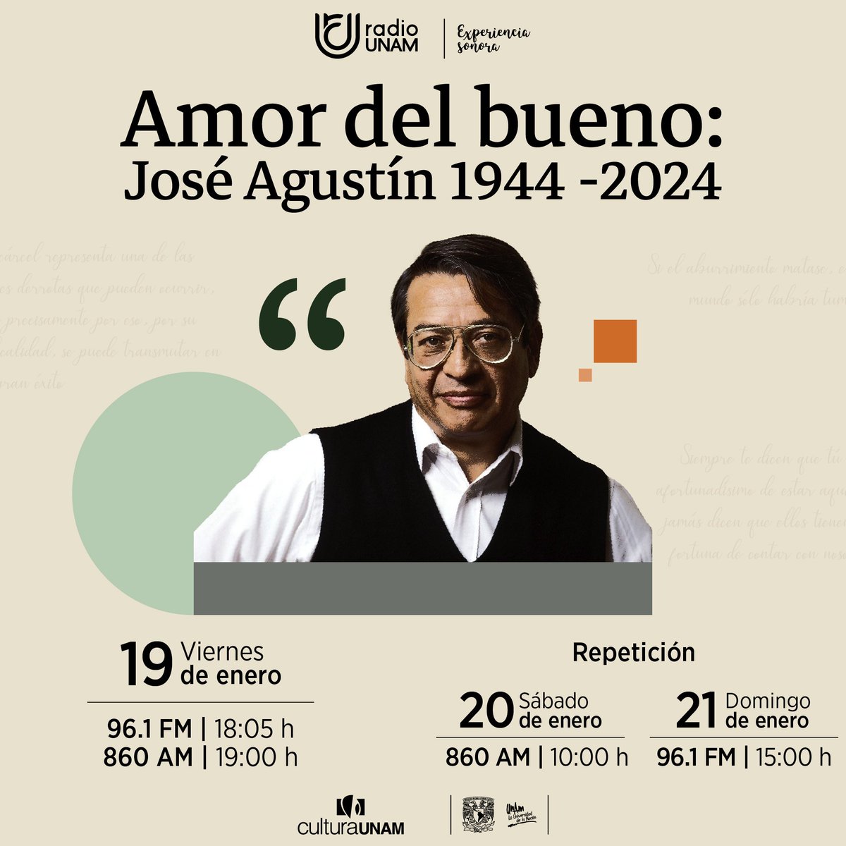 RadioUNAM's tweet photo. Fusionó el rock con la literatura y dejó su huella en varias generaciones... 📚🎶 Acompáñanos a recordarlo.
Escucha "Amor del bueno: José Agustín 1944-2024" 👇 https://t.co/JRd0N0msvw