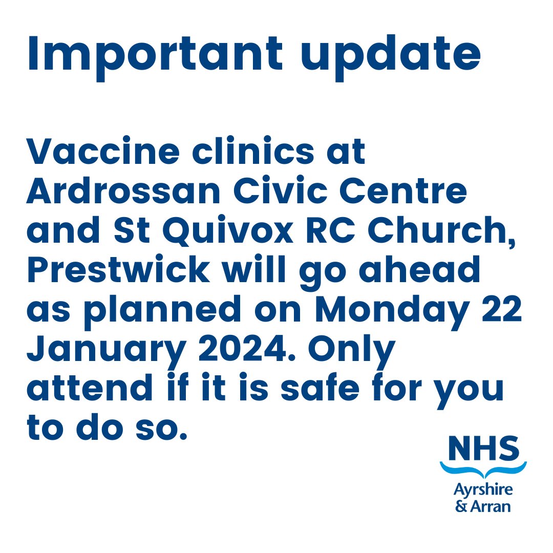 Vaccine clinics for COVID boosters, flu &amp; shingles vaccines are taking place as planned on Mon 22 Jan. With travel disruption &amp; the amber weather warning, please only attend if you feel safe to do so. Call 01563 826540 (9am-5pm) if you need to reschedule.
#StaySafe
#StormIsha