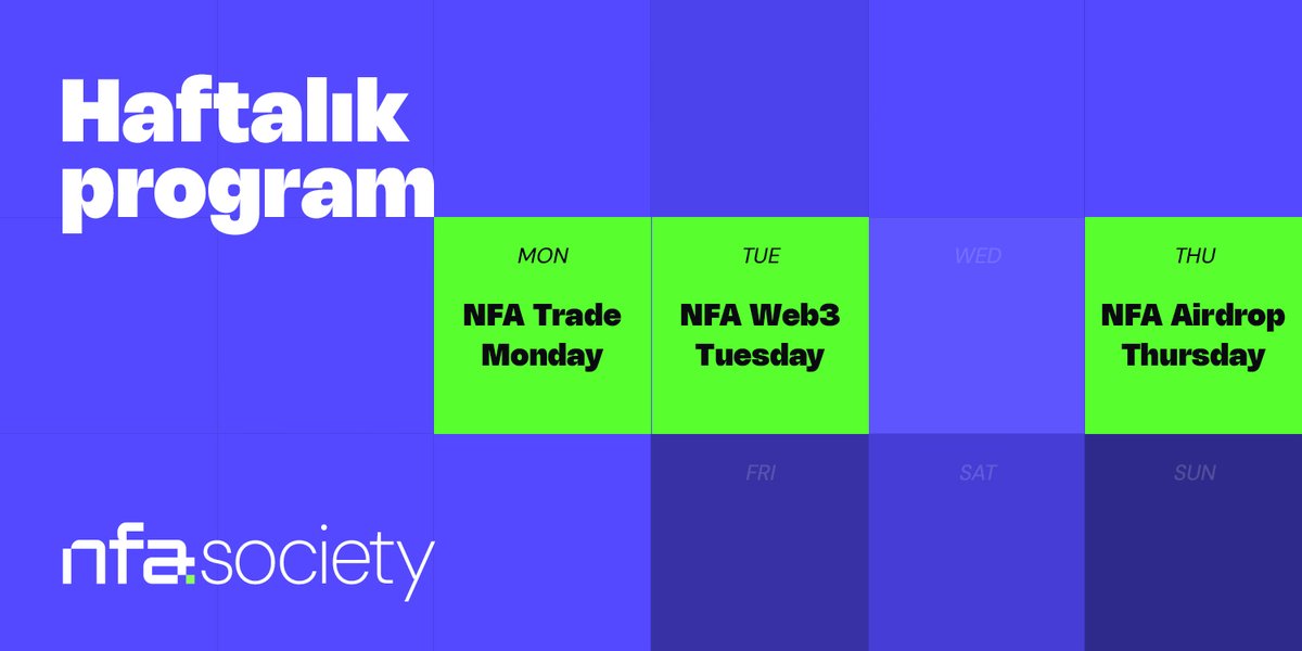 Gn 🌙 NFA Society olarak topluluğumuzun Web3 dünyasında güncel kalmasına katkı sağlamak adına Discord sunucumuzda yeni yayınlara başlıyoruz. NFA Society Haftalık Yayın Programı: 📌NFA Trade Monday - 22:30 - w/@Blocksmith_nfa, @CryptoLawyerr 📌NFA Web3 Tuesday - 20:30 -