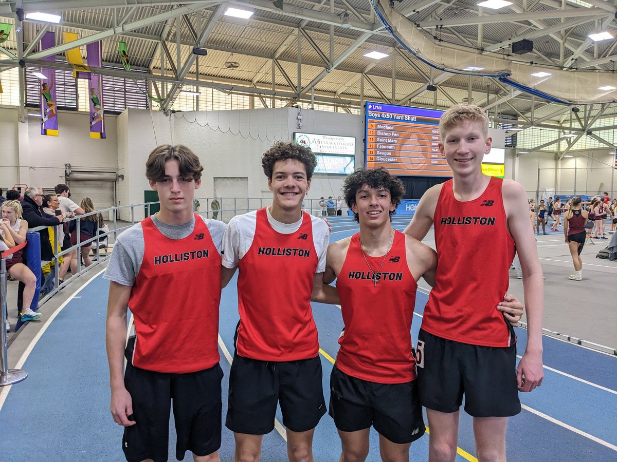 Holliston Boys 4x50yard Shuttle Hurdles with a school record 29.10 for 4th place at @MSTCA1 D4 relays. Stoezel, Cornelio, Ibbitson, Cornwell.