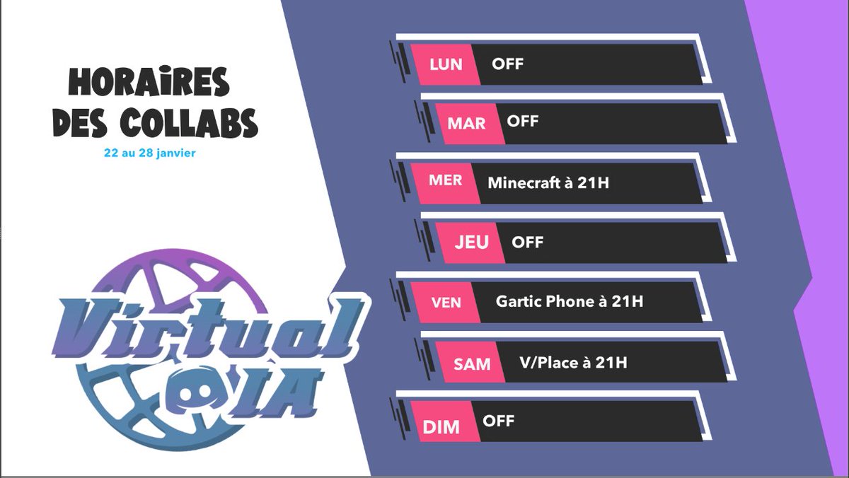 C'est parti pour une nouvelle semaine! 🌐

Mercredi 21h: Minecraft sur SmolCraft
Vendredi 21h: Gartic Phone
Samedi 21h: V/Place

#vtuberfr