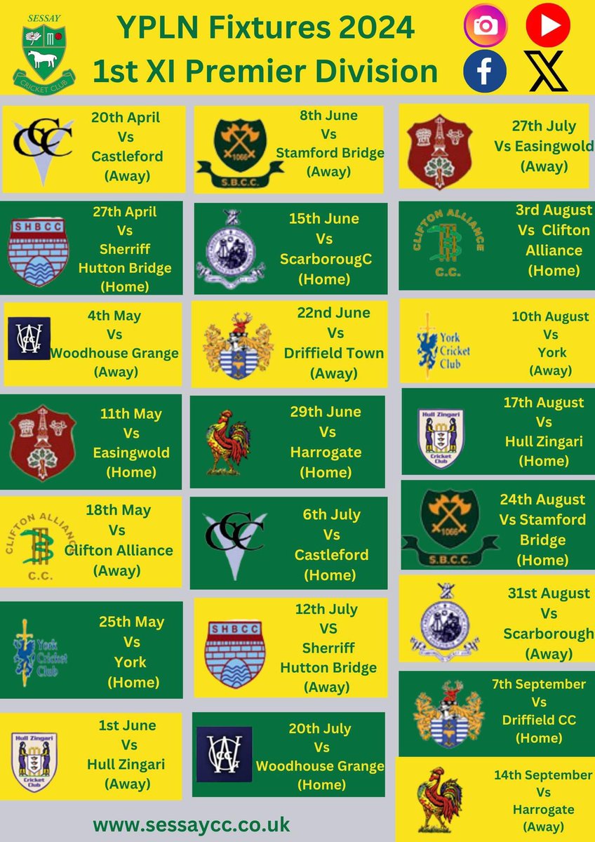 YPLN-1st XI fixtures for the 2024 season. Some fantastic fixtures in store 🟢🟡