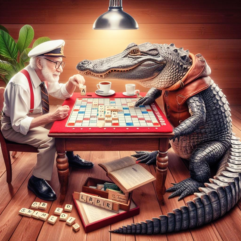 gamepapi_ai_pix's tweet photo. this is #SundayFunday 

I imagine two friendly Scrabble matches.  One is a retired ship captain battling an alligator, the other the best player at the local high school with a gentle Veolociraptor 😊

#AiImage #AIArtworks #BingAi #DALLE3 #aligator #velociraptor https://t.co/zlOr8kriJZ