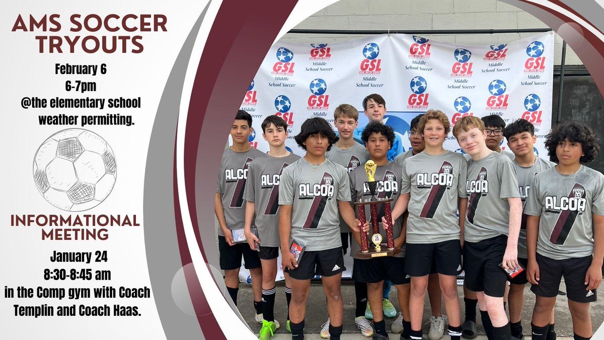 AlcoaMiddle's tweet photo. Soccer Tryouts for AMS boys will held on February 6th from 6-7pm at the Alcoa Elementary School Soccer Field.  An informational meeting with Coach Templin &amp; Coach Haas will take place Wednesday, January 24 in the Competition gym from 8:30am to 8:45am. http https://t.co/jkZtJ5kYbI