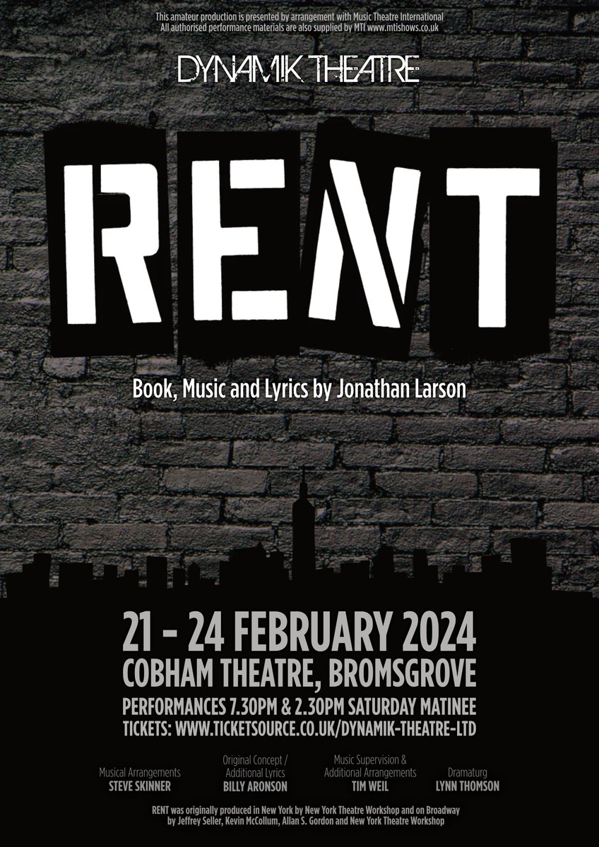 ❤️💚 ONE MONTH TO GO 💛💙

There's only one month until Dynamik Theatre's 'RENT' hits the Cobham Theatre stage!

📆 21st - 24th Feb 2024
📍 Cobham Theatre, Bromsgrove
⏰️ 7.30pm/2.30pm Sat matinée 
💵 £16 - £20
🎟 ticketsource.co.uk/whats-on/broms…
