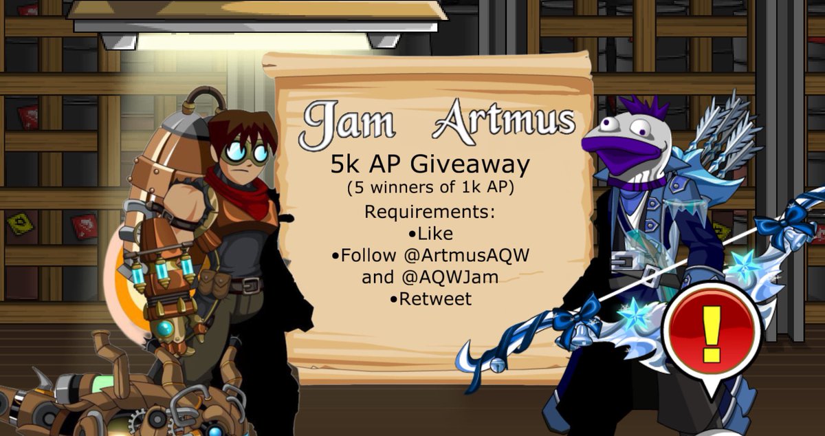 5K AP GIVEAWAY!

Requirements:
• Like
• Follow <a href="/ArtmusAQW/">Artmus</a> and <a href="/AqwJam/">Jam</a>
• Retweet 

Big thanks to Artmus for providing the prizes!

Good luck!