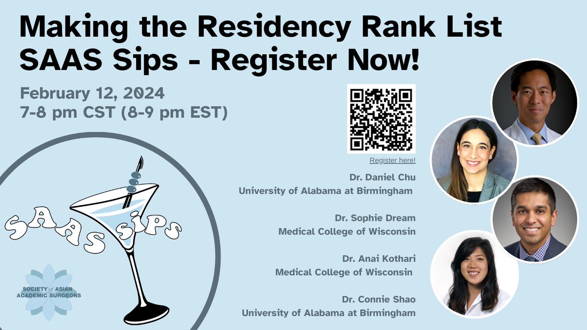 SocAsianAcadSurg (@asianacadsurg) on Twitter photo Join our next #SAASSips "Making the Residency Rank List" with Drs. Daniel Chu, Sophie Dream, Anai Kothari, & Connie Shao Feb 12th 8-9 pm EST. Register now! bit.ly/3ROkVpK
<a href="/DChu80/">Daniel I-Hsin Chu | 朱以信</a> <a href="/SDreamMD/">Sophie Dream</a> <a href="/anaikothari/">Anai N. Kothari</a> <a href="/shao_connie/">Connie Shao | 邵爱华</a> Join our next #SAASSips "Making the Residency Rank List" with Drs. Daniel Chu, Sophie Dream, Anai Kothari, & Connie Shao Feb 12th 8-9 pm EST. Register now! bit.ly/3ROkVpK
<a href="/DChu80/">Daniel I-Hsin Chu | 朱以信</a> <a href="/SDreamMD/">Sophie Dream</a> <a href="/anaikothari/">Anai N. Kothari</a> <a href="/shao_connie/">Connie Shao | 邵爱华</a>