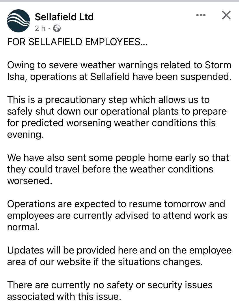 NEWS: #StormIsha causes disruption at @SellafieldLtd with statement to employees explaining more. #Cumbria