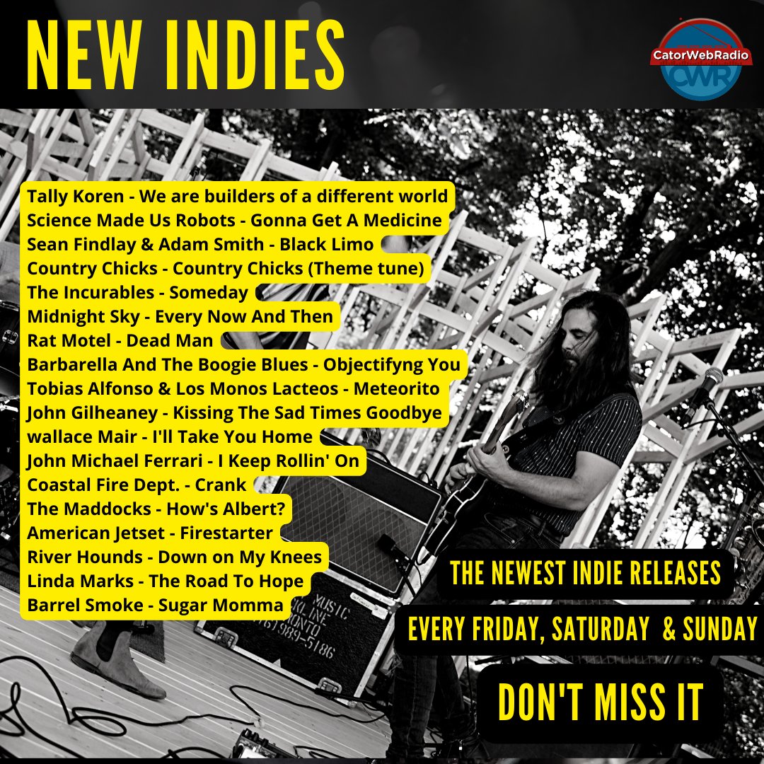 #OnAirNow #NewIndies
#ScienceMadeUsRobots
#SeanFindlay
<a href="/TheIncurablesMI/">TheIncurablesDetroit</a>
<a href="/midnightsky6166/">Tim Tye</a>
<a href="/ratmotel/">Rat Motel</a> 
<a href="/Rachel_M_Music/">Rachel M</a>
<a href="/elmonolacteo/">Tobias</a>
<a href="/JohnGilheaney/">John Gilheaney</a>
#WallaceMair
<a href="/johnnyferrari/">John Michael Ferrari Singer Songwriter</a>
<a href="/CoastalFireDept/">Coastal Fire Dept</a>
<a href="/TheMaddocksBand/">The Maddocks</a>
<a href="/American_Jetset/">American Jetset</a>
#RiverHounds
<a href="/lsmheart/">lsmheart</a>
#BarrelSmoke
<a href="/tallykoren/">Tally Koren</a>