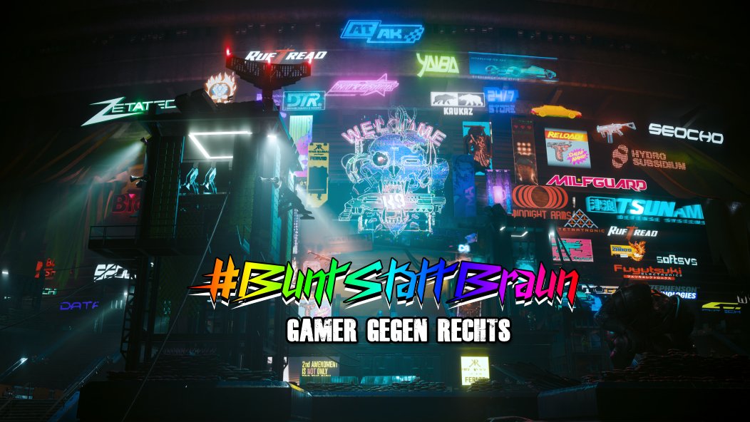 Aus Gründen starte ich ab Montag die Themenwoche #BuntStattBraun im Gaming. 

Anhand von Bildern will ich zeigen, wie schön eine bunte Welt ist - nicht nur mit bunten Lichtern. 

Macht ihr mit? Gerne auch mit Bildern aus anderen Games als #Cyberpunk2077. 

#GamerGegenRechts 

1/2