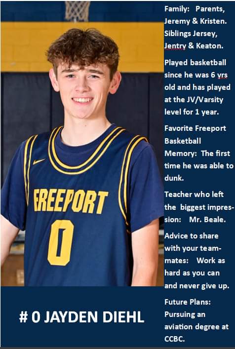 FreeportPAHoops's tweet photo. It’s Senior week!!!
Today’s featured Senior is #0️⃣ Guard, Jayden Diehl. Congratulations Jayden!! 👏🏻🏀💙💛🐝 #SwarmTogether #SeniorWeek #FreeportProud https://t.co/gZHnpJCMFt