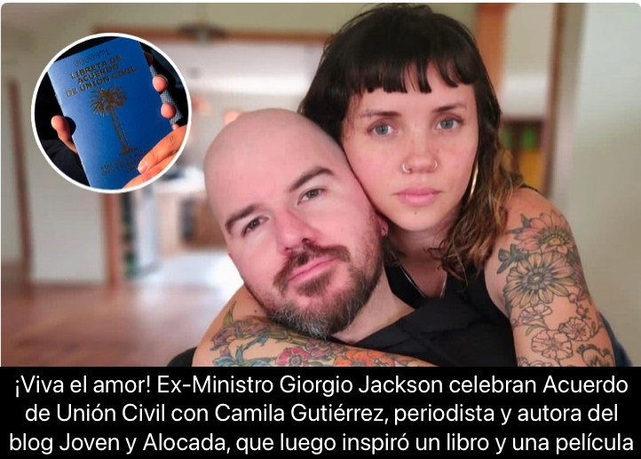 Ex-ministro Giorgio Jackson celebra matrimonio por Unión Civil con Camila Gutierrez, quien en 2013 fue autora de un blog llamado Joven y Alocada, obra que inspiró un libro y una película. Felicidades <a href="/GiorgioJackson/">Giorgio Jackson</a>! 
Viva el Amor 💞