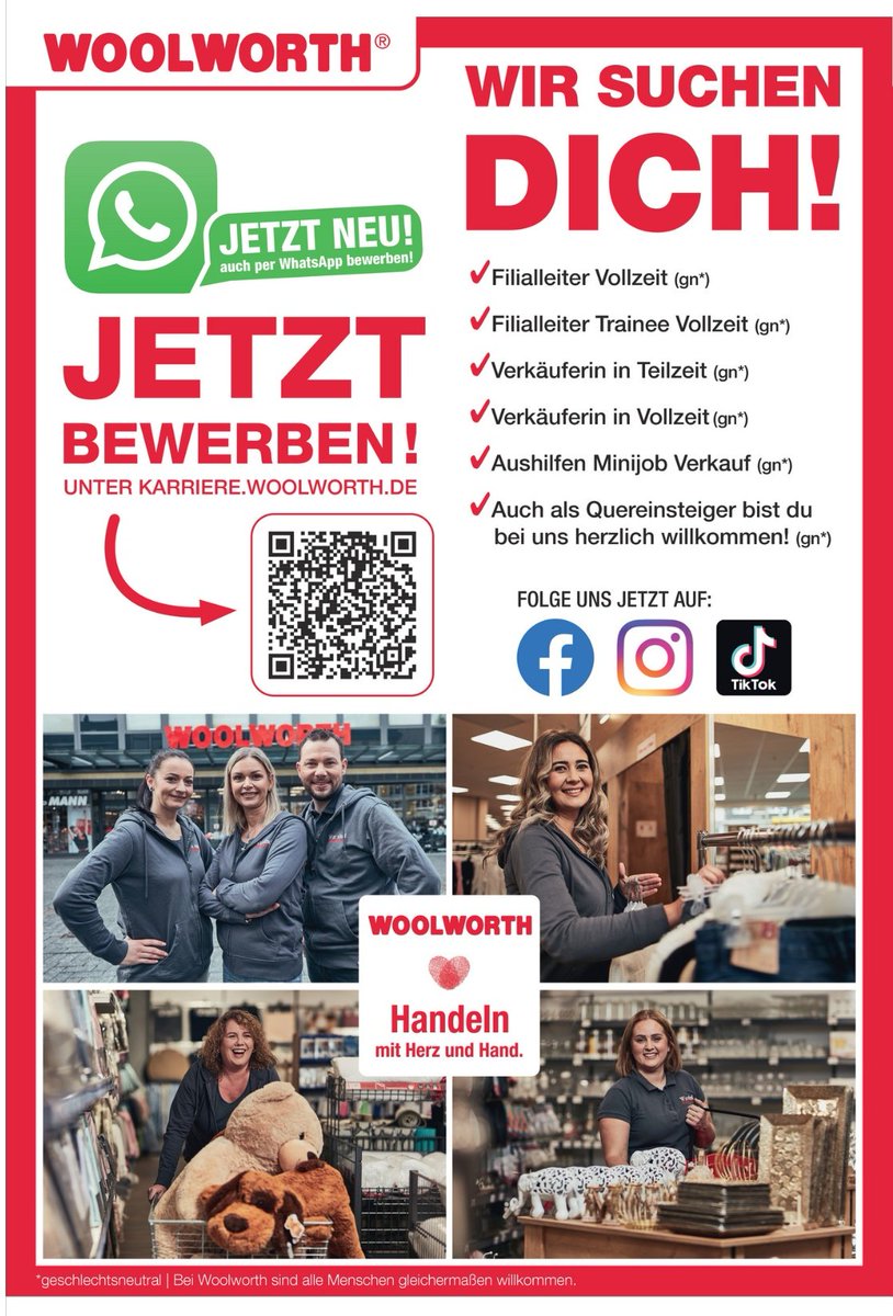ChrisPiko's tweet photo. Woolworth sucht also FilialleiteR (natürlich geschlechtsneutral), so wie Verkauferinnen (natürlich auch geschlechtsneutral)
Wäre man konsequent beim generischen Maskulinum geglieben, wäre es noch glaubhaft. So entspringt es aber einem klassischen Rollenbild. https://t.co/2831mrJO7f