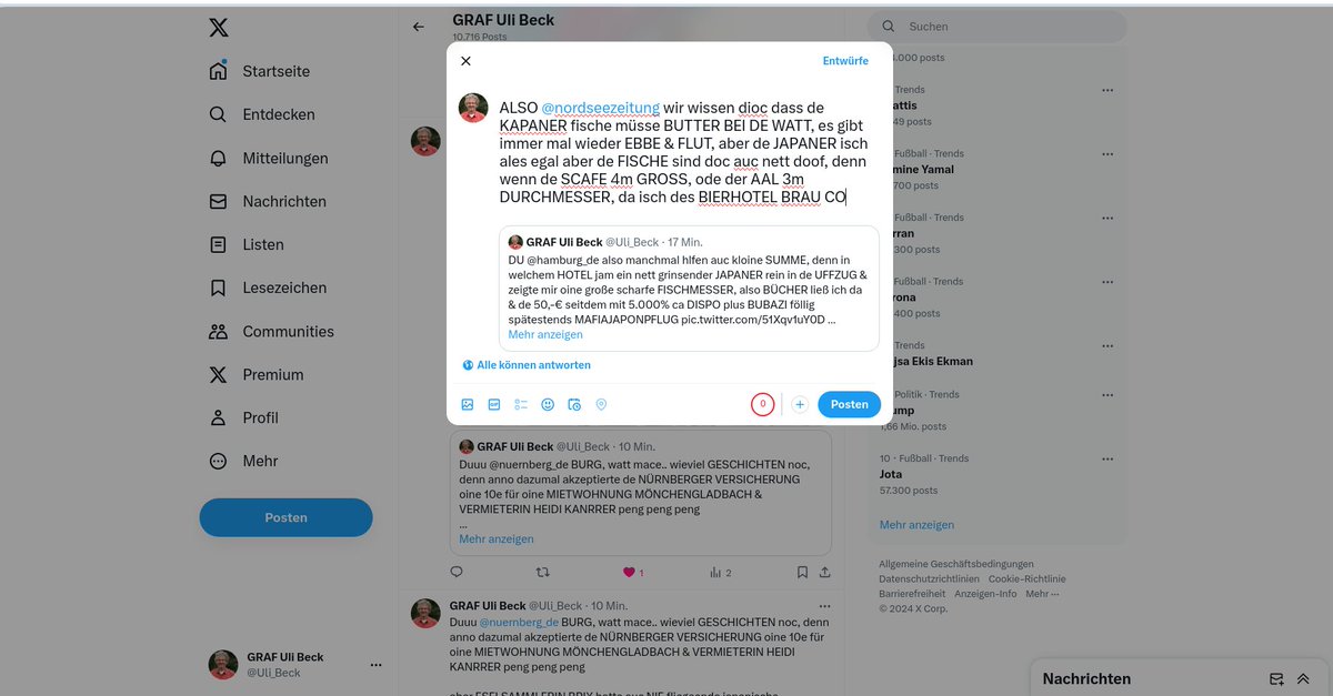 Uli_Beck's tweet photo. ALSO @nordseezeitung wir wissen dioc dass de KAPANER fische müsse BUTTER BEI DE WATT, es gibt immer mal wieder EBBE &amp; FLUT, aber de JAPANER isch ales egal aber de FISCHE sind doc auc nett doof, denn wenn de SCAFE 4m GROSS, ode der AAL 3m DURCHMESSER, da isch des BIERHOTEL BRAU CO https://t.co/UftIK1QPw4