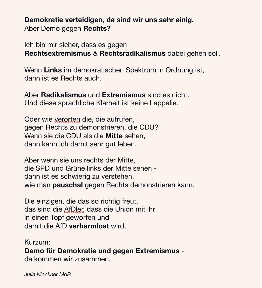 JuliaKloeckner's tweet photo. Demo für Demokratie und gegen Extremismus. Volle Unterstützung.

Aber gegen Rechts? 
Gegen Rechtsradikalismus und gegen Rechtsextremismus. 

Radikal und Extrem sind etwas anderes als Rechts. 

Sonst wäre Links auch gleich linksradikal und linksextrem.

Meine Stellungnahme 👉🏻 https://t.co/c3zTk1fXV3