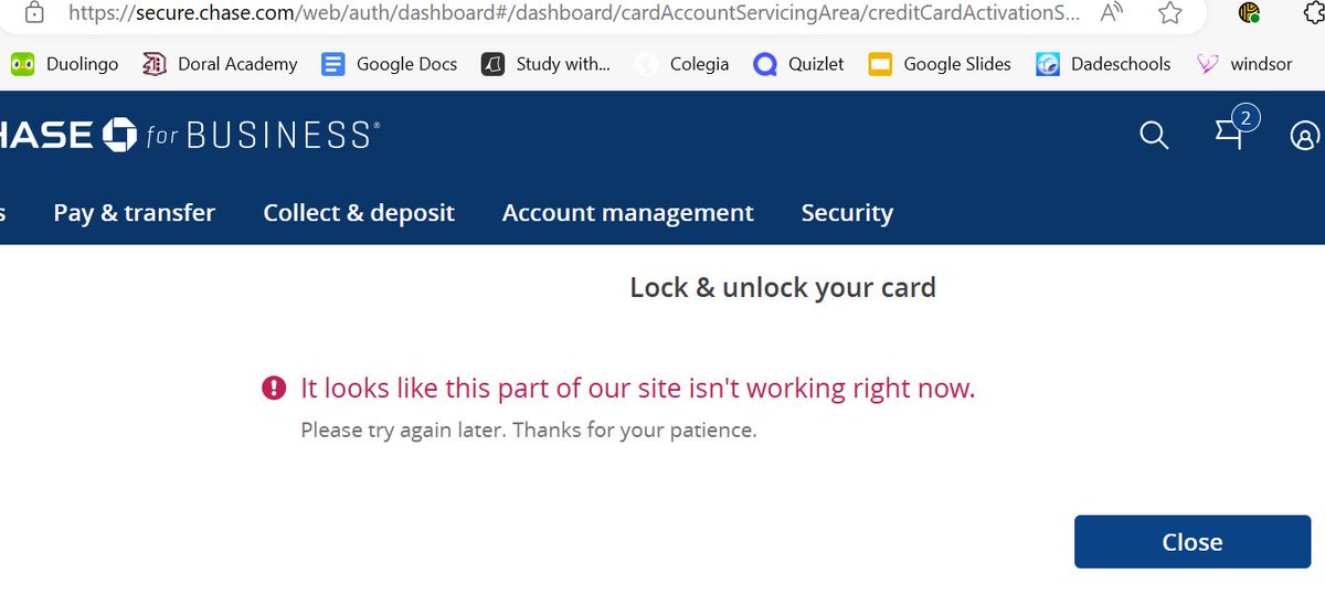 arodwh99's tweet photo. @ChaseforBiz how is it that I can't within the browser login lock a debit card like I can on the consumer side. Also, why is it that the lock credit card feature is down? https://t.co/gzDGCXqa05
