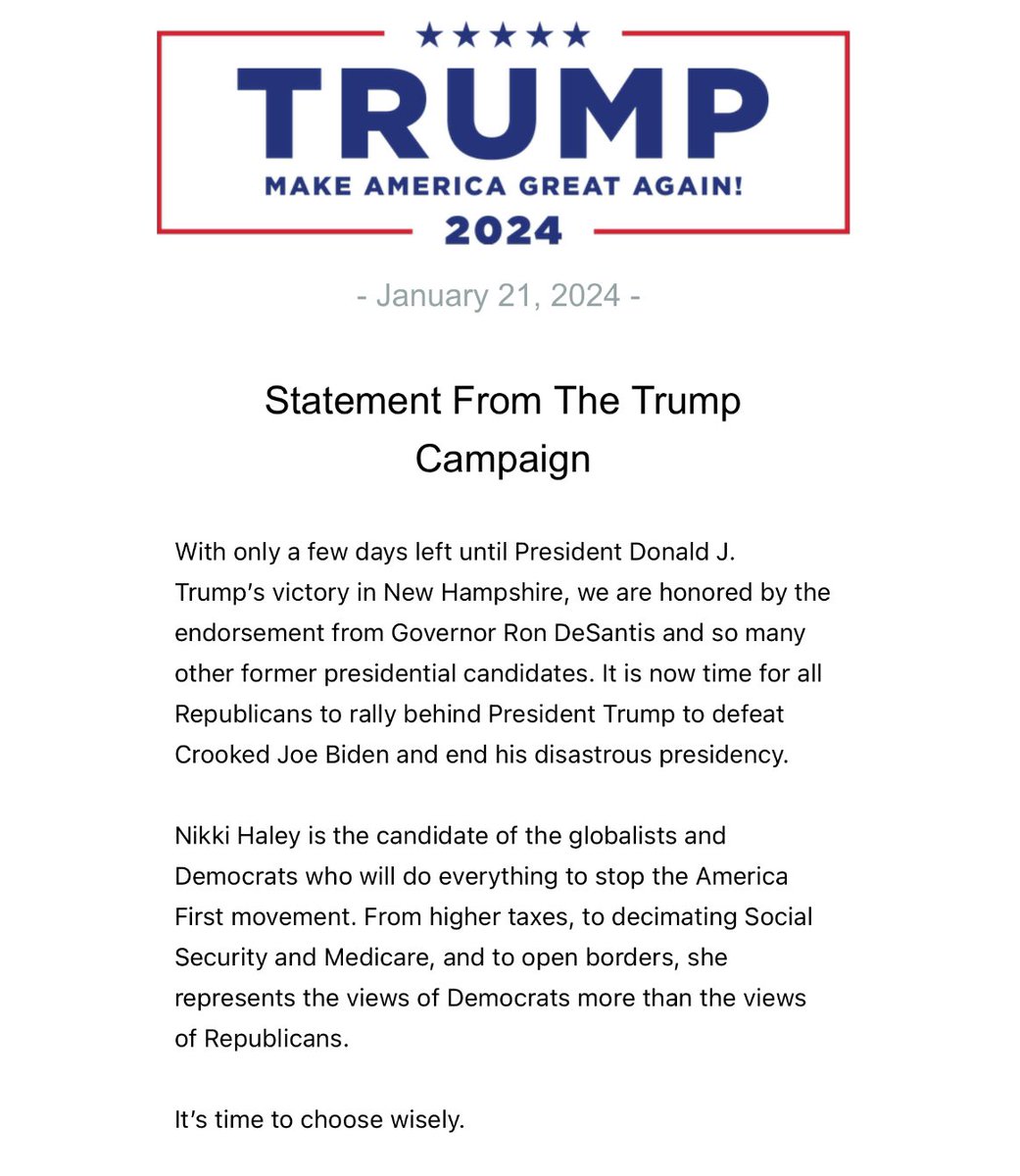 🚨 BREAKING: Trump statement on Ron DeSantis dropping out