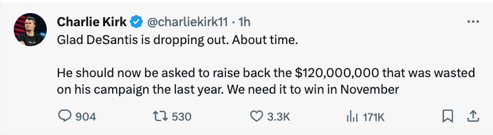 Lol, Charlie Kirk of TPUSA, still attacking DeSantis even after he has dropped out, as if the money DeSantis had raised for his campaign was OWED to Trump. These people are scum. TPUSA is a scam that has failed to help elect a single Republican, but made Charlie Kirk so…