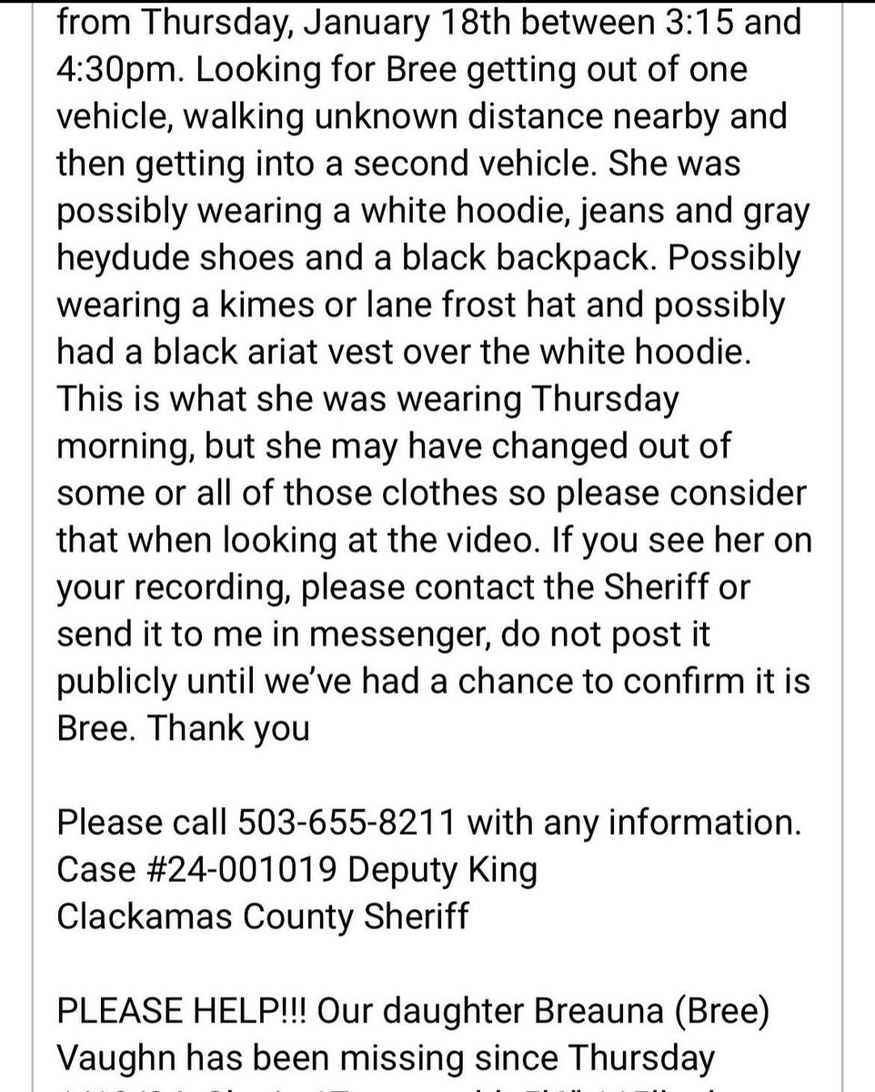 This girl is a friend of a friend. Especially those in the Oregon area, please keep an eye out