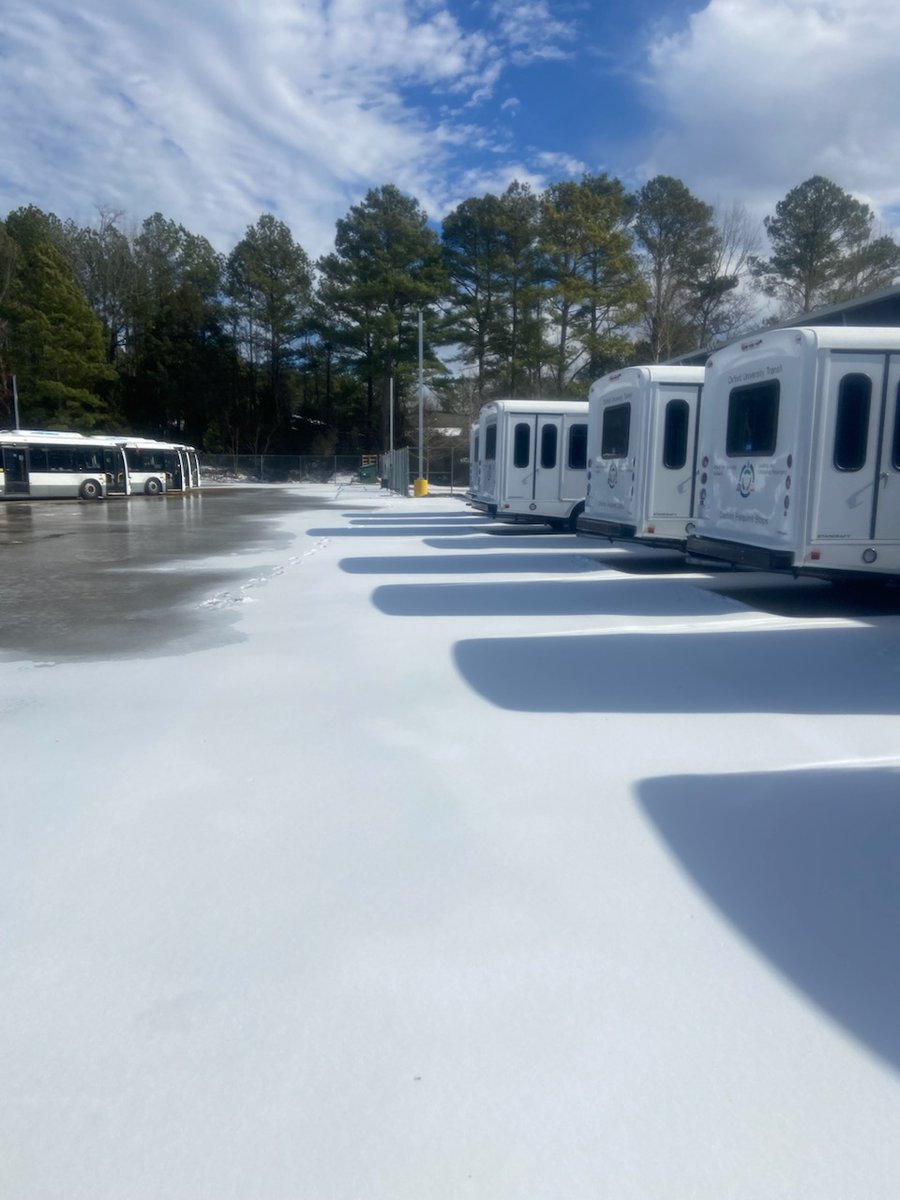 The OUT parking lot is a sheet of ice and too dangerous to even walk on at this point. We will be unable to run busses Monday.  We apologize for the inconvenience this is causing everyone. Thank you for your patience and stay safe and warm!