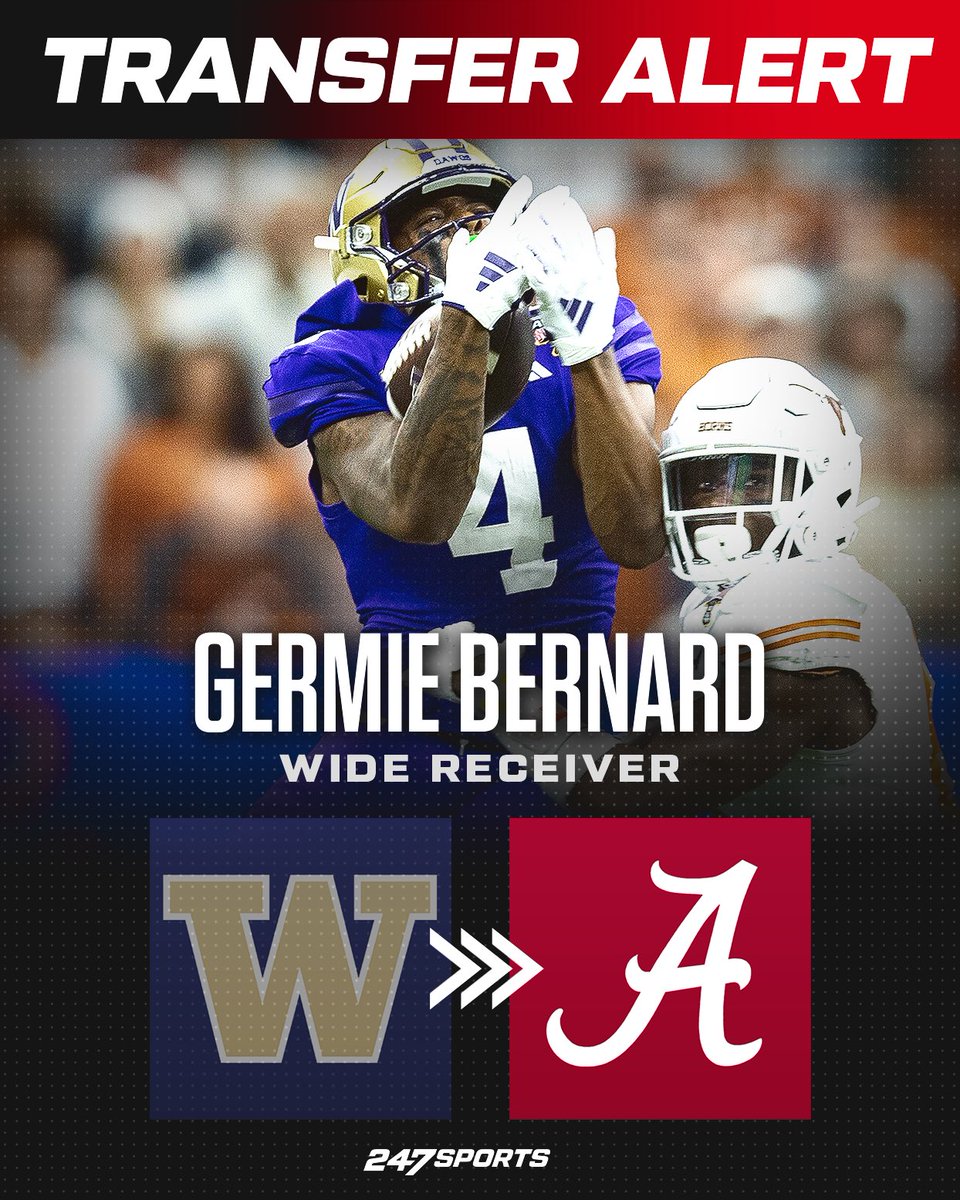 BREAKING: Former Washington receiver Germie Bernard is expected to commit to #Alabama, per ESPN Bernard played in 14 games — 419 receiving yards & 233 kick return yards @KalenDeBoer getting his versatile offensive weapon in Tuscaloosa Extended coverage on @Bama_247