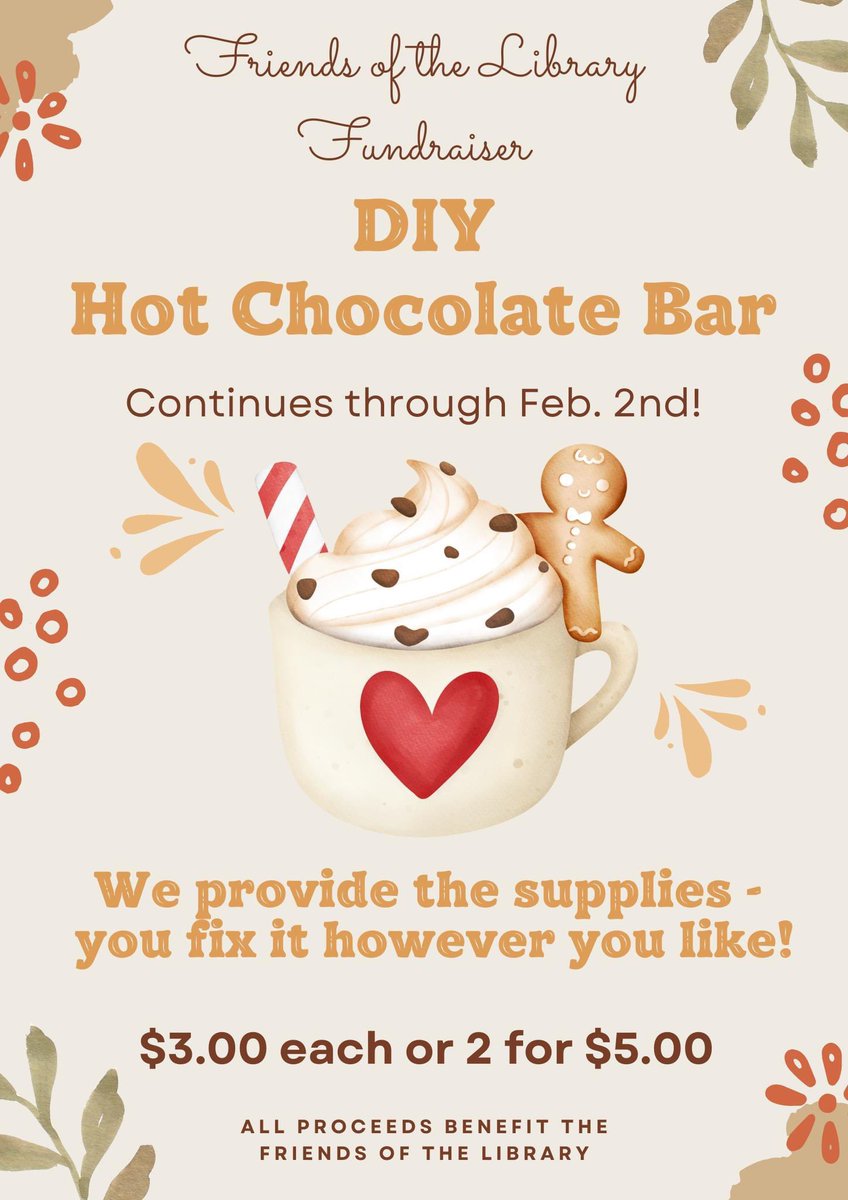 BoazLibrary's tweet image. Due to the icy weather affecting our Hot Chocolate Bar fundraiser, we&apos;ve decided to extend it until February 2nd. Come for books or a program, but don&apos;t miss the chance to customize your hot chocolate just the way you like it!!
