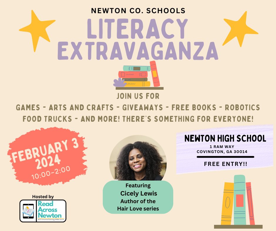 📚✨ Join the NCSS Literacy Extravaganza at Newton High School! 🎉 Explore beyond traditional literacy with arts, coding, and more. Meet literacy champion Cicely Lewis for a book signing! 🖌️📖 Fun for all ages on Feb 3, 10:00-2:00. Don't miss the excitement! #LiteracyExtravaganza