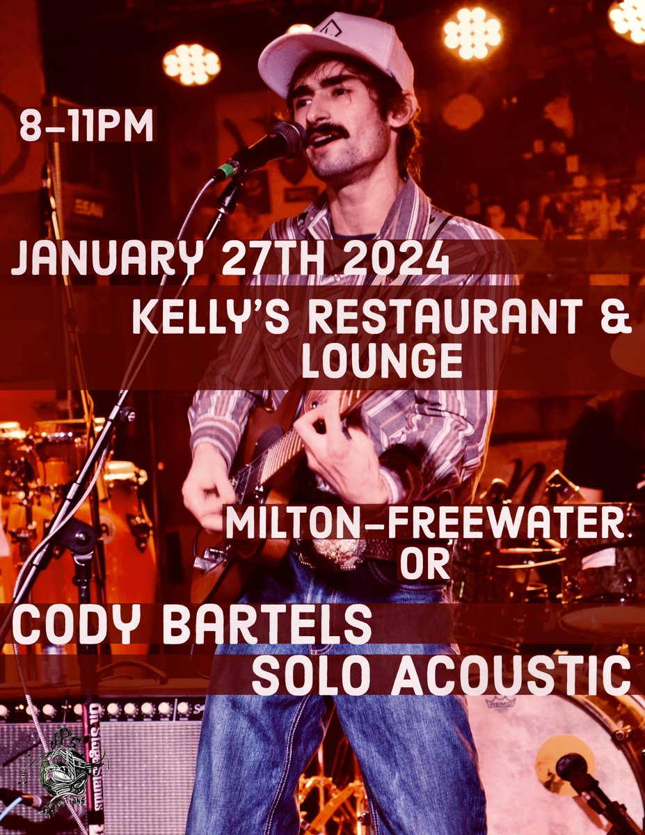 Now let's head on down to Oregon and have a good time at Kelly's Restaurant and Lounge tonight!

Music from 8-11PM with yours truly!

#codybartels #JPSProductions #soloshow #countrymusic #pnw #alternativecountry #miltonfreewater