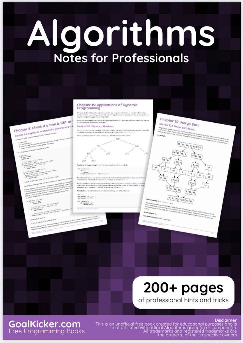 Downloadable PDF 257-page eBook >> #Algorithms Notes for Professionals — hints, tricks, & pseudo-code: books.goalkicker.com/AlgorithmsBook/
—————
#Mathematics #AppliedMathematics #DataScientists #MachineLearning #DataScience #Statistics #ComputerScience #ComputationalScience