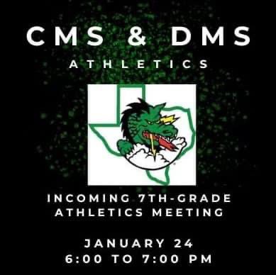 @durham_dragon 6th grade parents! @Carroll_Middle & @GeorgeDawsonMS will host an incoming 7th-grade Athletics meeting on Jan. 24, 6:00 - 7:00 PM, in CMS cafeteria. If you have a 6th grade student interested for next school year, please plan to attend. #DragonProud