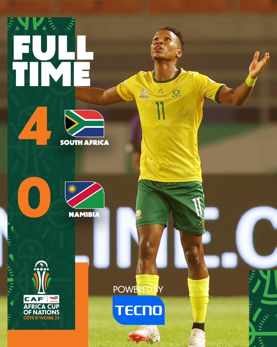 CAF_Online's tweet image. ⌚️ FULL-TIME! 

South Africa are back on track with a huge win against Namibia at Stade Amadou Gon Coulibaly. ⚡️

#TotalEnergiesAFCON2023 | #RSANAM