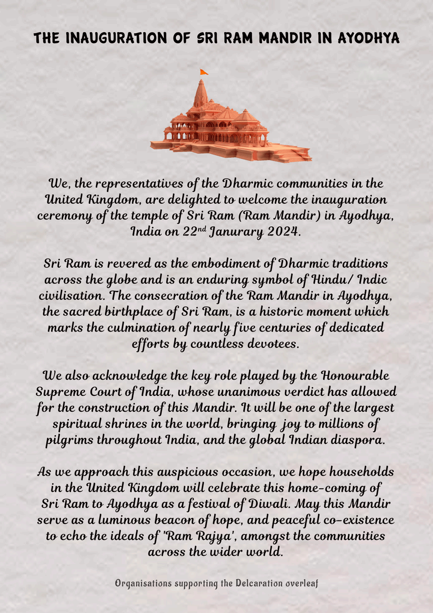 HSS (UK) welcomes Pran Pratishta (the consecration) of Sri Ram Mandir in Ayodhya.

We are honoured to stand alongside 200+ Dharmic organisations in the UK as proud signatories of a declaration, which extends a warm welcome to the historic event.
#Ayodhya #RamMandirPranPrathistha