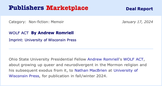 It's officially official: my book WOLF ACT will be here by the end of this year! The road has been one winding, crazy adventure, but I couldn't be more thrilled with how it's turned out. #AuthorsOfTwitter  #WritingCommunity #exmormon #memoir