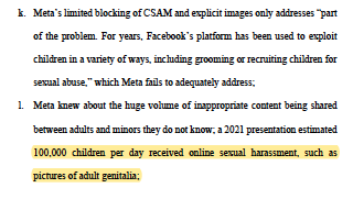 jason_kint's tweet photo. woah, most redactions just now removed in the New Mexico attorney general’s complaint vs instagram and facebook. it is even more shocking, infuriating and stomach turning to see what has now been lifted (in yellow).
“a 2021 presentation estimated 100,000 children per day...” /1 https://t.co/k8vJGfeZvQ