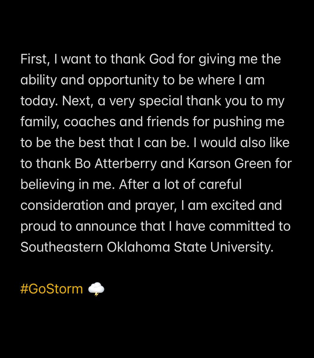 Committed and staying home!

<a href="/DurantLionFBall/">Durant Lion Football</a>
<a href="/toddvargas/">Todd Vargas</a>
<a href="/ShawnMcclellan6/">Shawn Mcclellan</a>
<a href="/JRConrad64/">J.R. Conrad</a>
<a href="/seancooper_C4/">Sean Cooper</a>
<a href="/AtterberryBo/">Bo Atterberry</a> 
<a href="/CoachGreenOL/">Karson Green</a>
<a href="/GoSoutheastern/">Southeastern Athletics</a> 
<a href="/SavageStormFB/">Savage Storm Football</a>