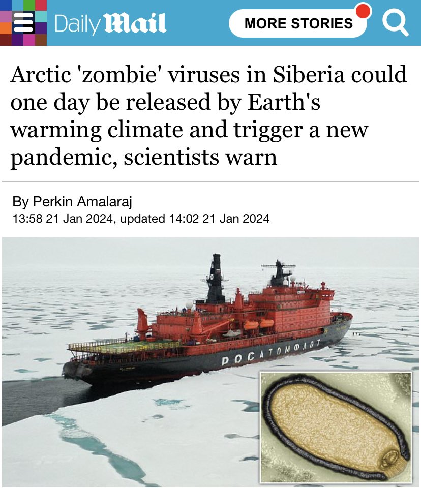 ⚠️HOLY SHIT⚠️

Scientists from the WWF are warning that global warming could cause ancient viruses dormant in permafrost to unfreeze and unleash a pandemic, stemming from shipping in Siberia…

They are gonna release another pathogen and blame global warming…