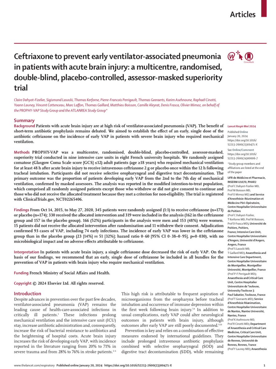 OrlandoRPN's tweet image. Extra‼️

Una sola dosis de 2 g de Ceftriaxona en infusión para 30 min

dentro de las primeras 12 h de intubación en pacientes Neurocríticos

Se asoció a una disminución significativa de Neumonía por Ventilador (y tal vez mortalidad!) 👌

thelancet.com/journals/lanre…

Intervención…