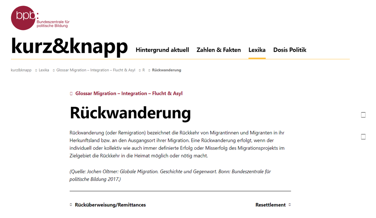 'Rückwanderung (oder Remigration) bezeichnet die Rückkehr von Migranten in ihr Herkunftsland bzw. an den Ausgangsort.' #Remigration #Geheimplan #Sellner
web.archive.org/web/2023060716…