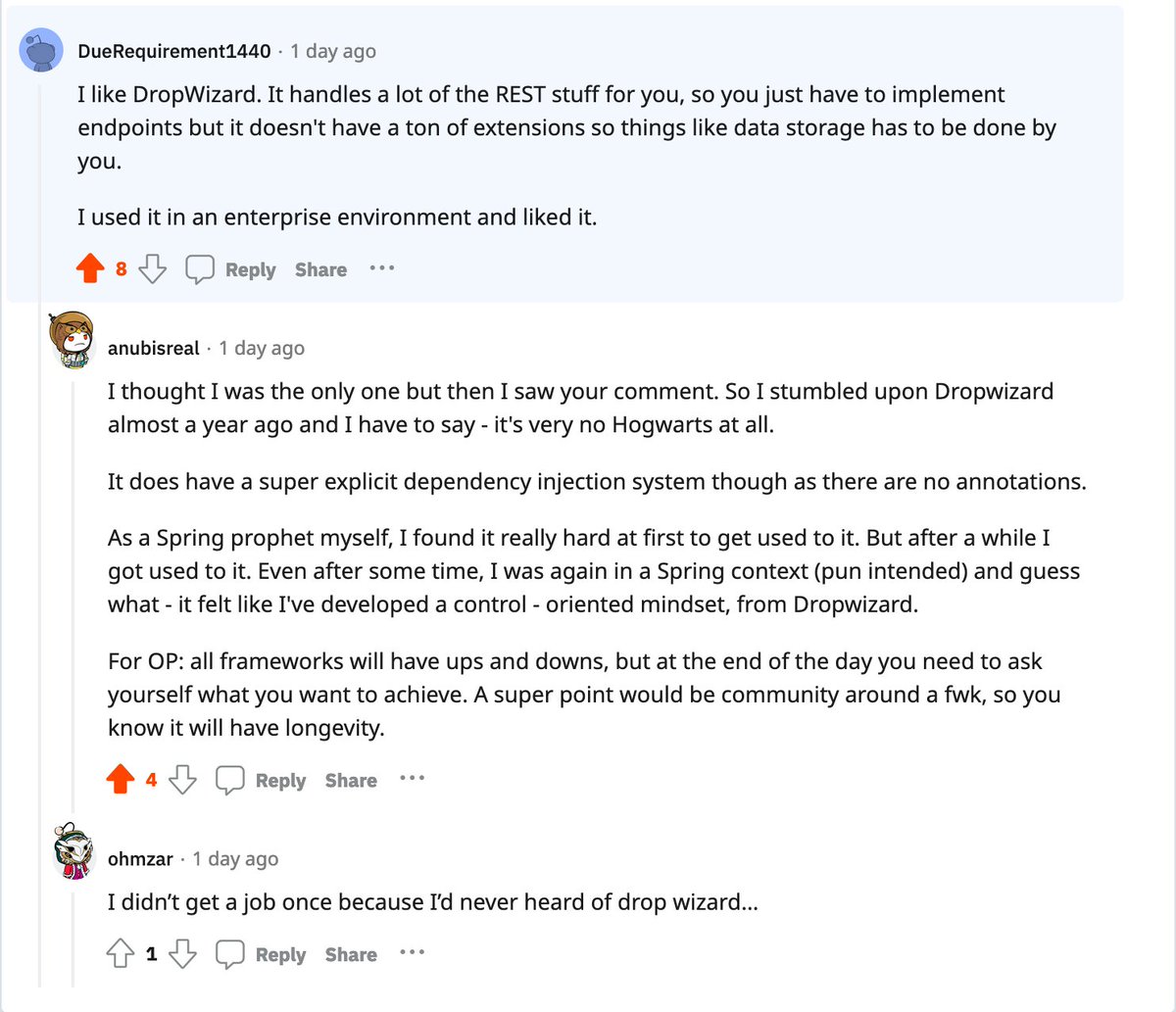 Once in a while you get surprised. 😂

Sorry for not getting the job, ohmzar.
reddit.com/r/java/comment…

#Dropwizard #Java