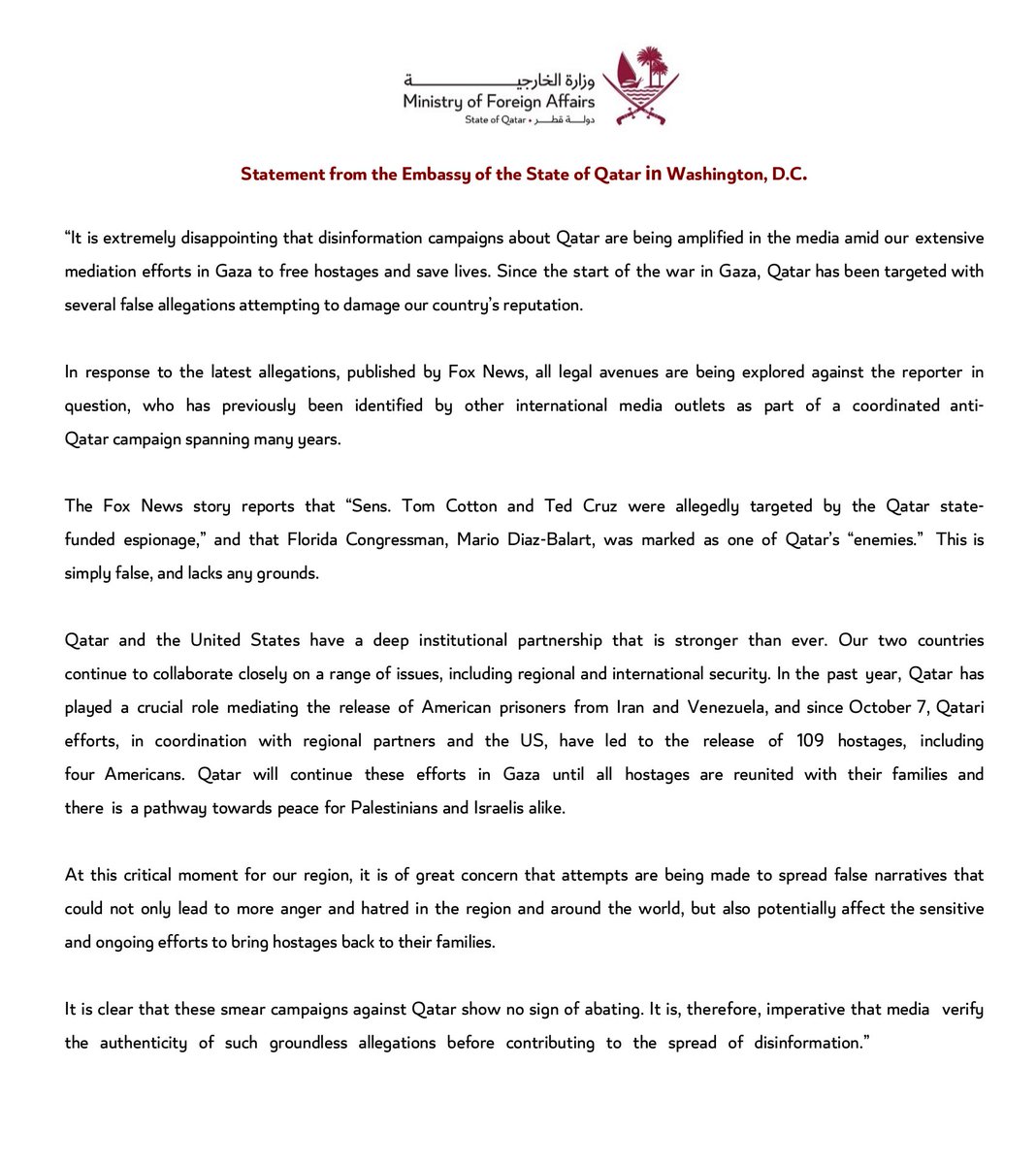 Statement from the Embassy of the State of Qatar in Washington, D.C.