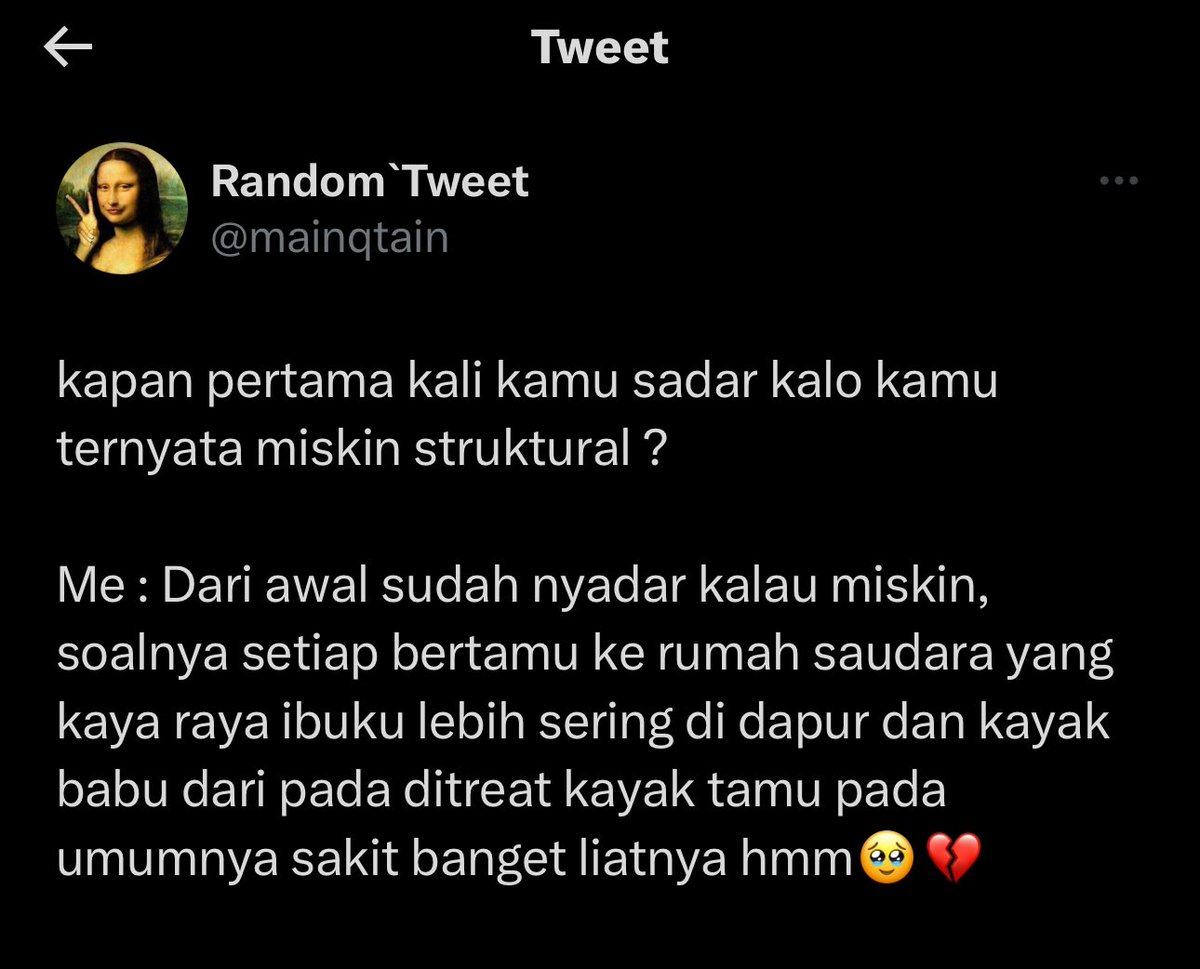 KUMPULAN CERITA MISKIN STRUKTURAL😭💚

kapan pertama kali kalian sadar kalo kalian ternyata miskin struktural ?💔

— Lihat Thread ini langsung ngerasa bahwa hidup kalo ga bersyukur ga ada abisnya , soalnya banyak orang kaya di luar sana lupa cara bersyukur untuk menjalani hidup😇